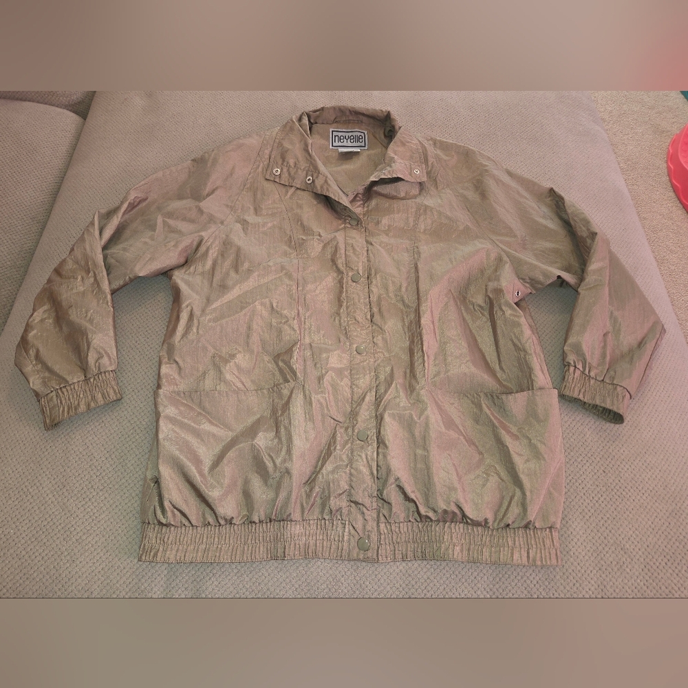 Vintage Tan Windbreaker Jacket Neyelle Nylon Full snap up Sports Layering XL